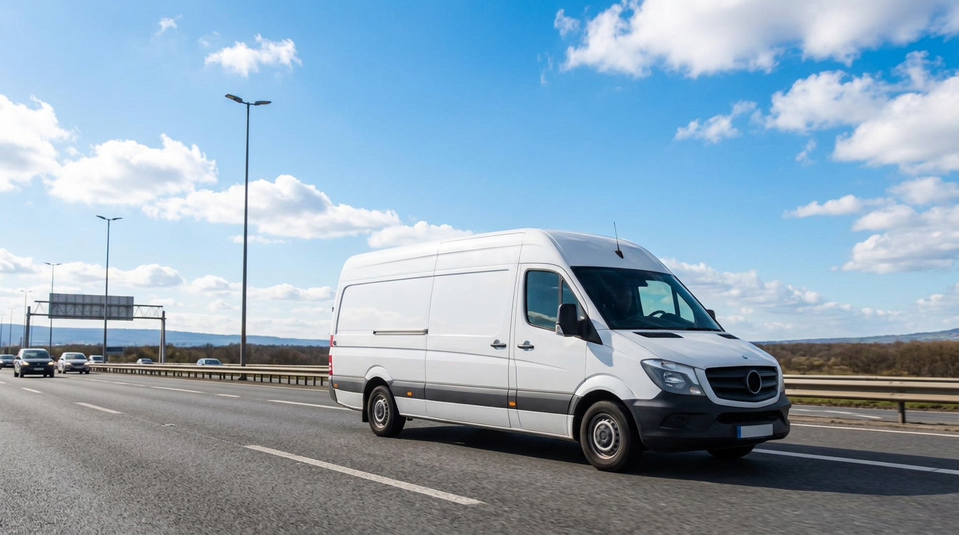 A long-wheelbase Sprinter van on a UK motorway in daylight
